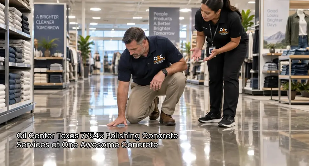 Store manager and inspector assess a reflective floor, showing polishing concrete services Houston for safer retail spaces. 