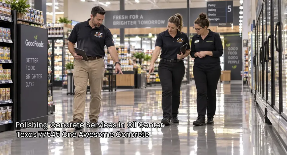 Inspectors review an over-polished supermarket aisle, highlighting polishing concrete services Houston for safer floors. 