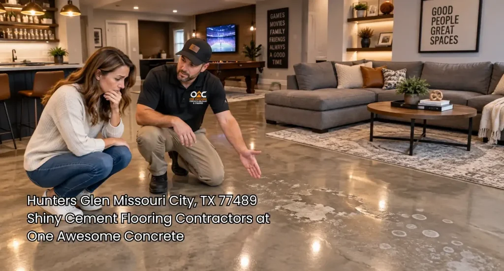 Homeowner reviews surface wear on shiny cement flooring Houston with a flooring contractor in a modern living room.