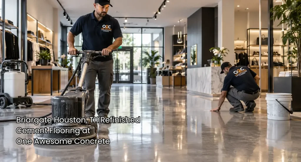 Concrete polishing crew restores a showroom floor with professional refinished cement flooring Houston service and equipment.