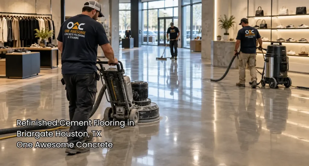 Employees polish a glossy commercial floor showcasing refinished cement flooring Houston services in a modern retail space.