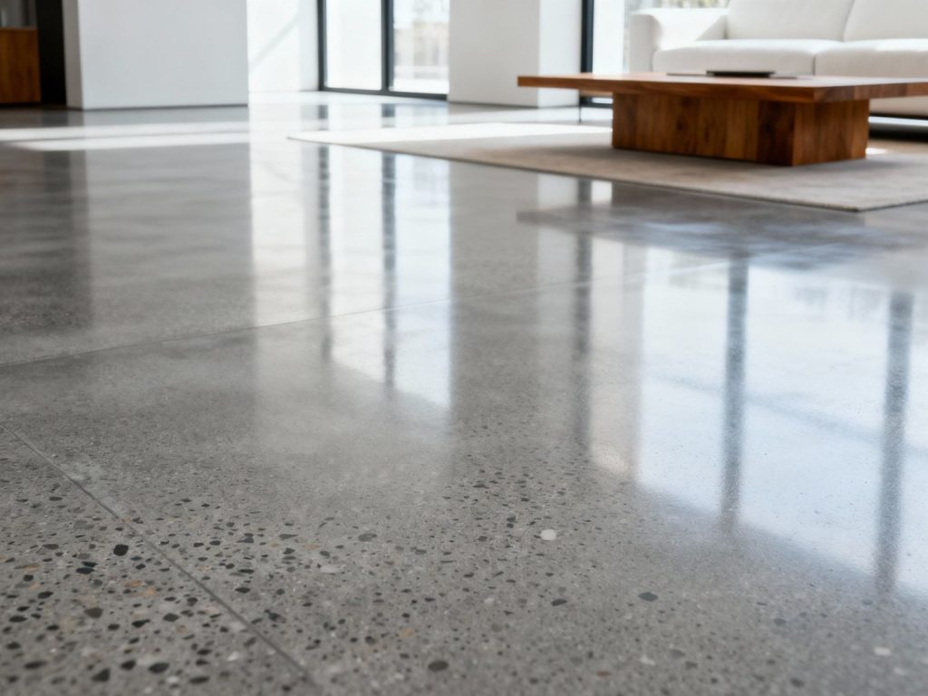 Admire a sleek living room with glossy finished flooring by a top polished concrete company in Houston, enhancing modern home elegance.