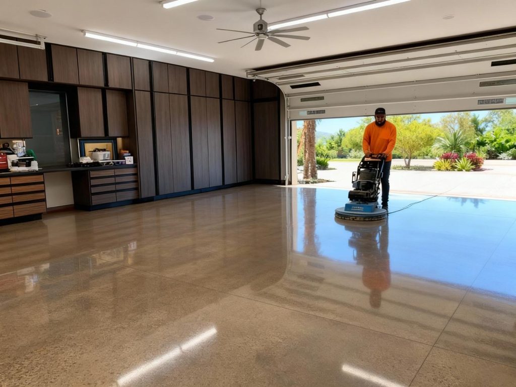 Admire a professional polishing cement floors in Houston with advanced equipment, enhancing a sleek garage with a glossy finish.