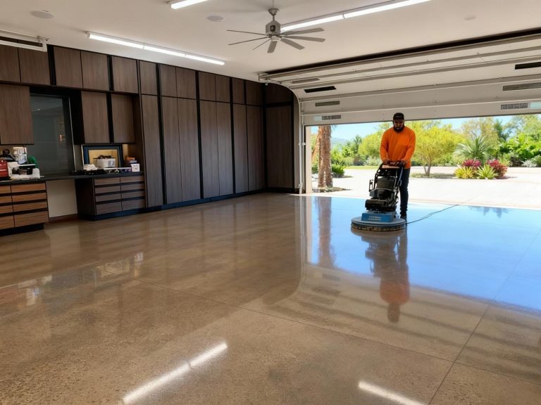Admire a professional polishing cement floors in Houston with advanced equipment, enhancing a sleek garage with a glossy finish.