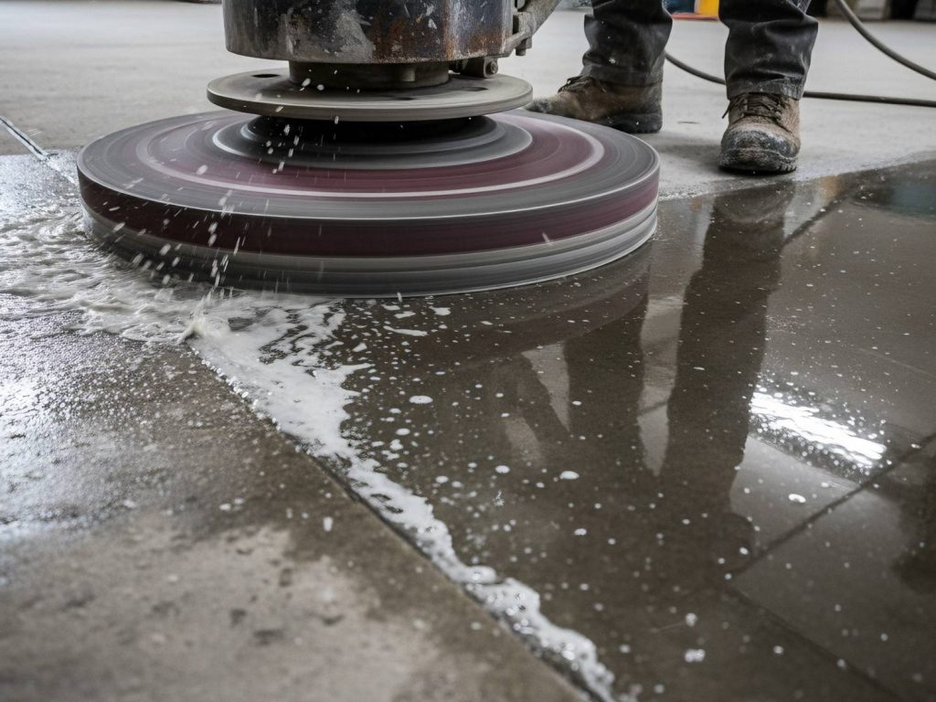 Worker polishing a concrete floor with a machine at Refinished Cement Flooring Houston, delivering expert flooring restoration services locally.