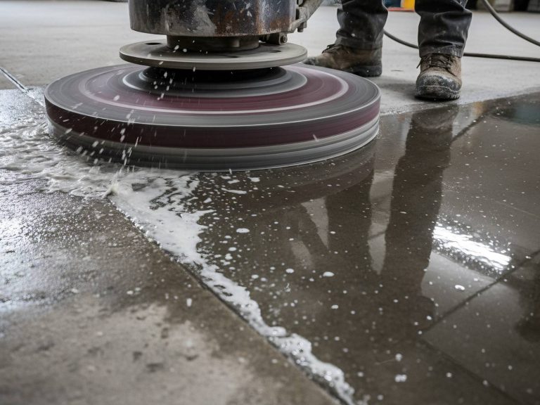Worker polishing a concrete floor with a machine at Refinished Cement Flooring Houston, delivering expert flooring restoration services locally.