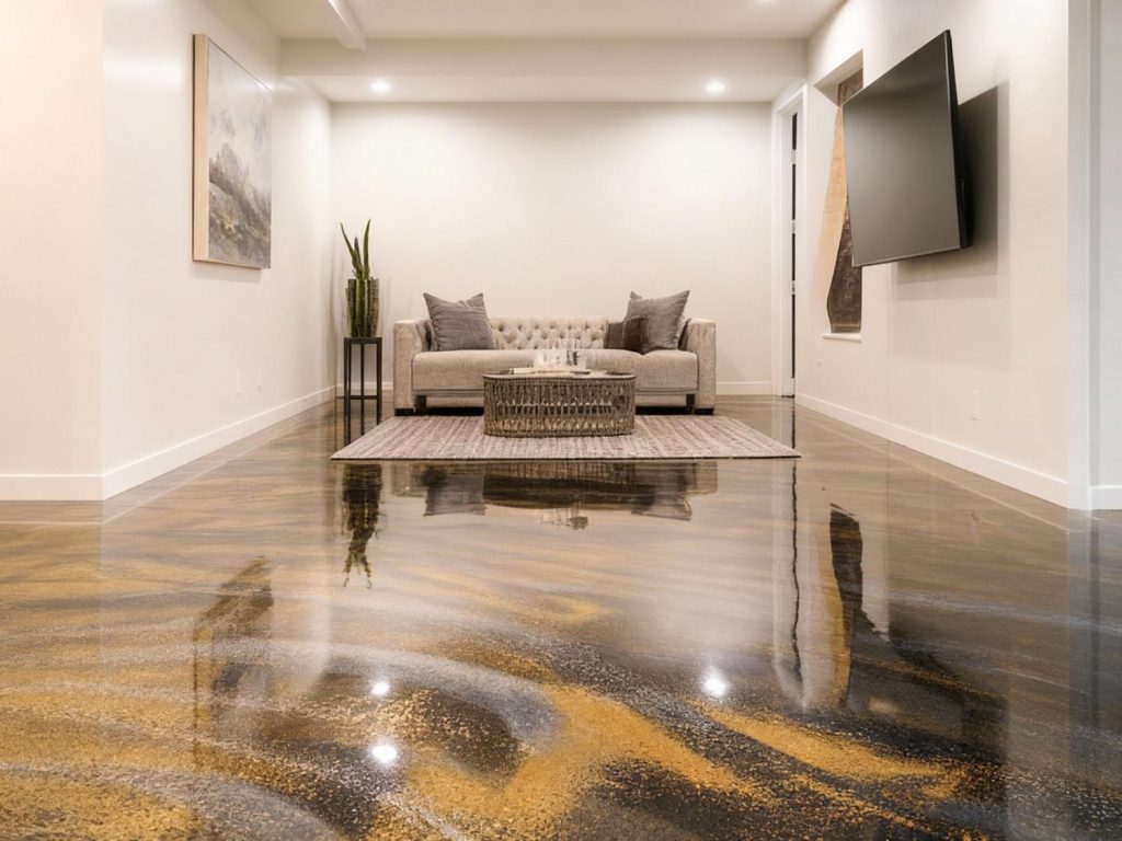 Relax in a stylish living room with glossy refinished cement flooring in Houston, featuring a cozy sofa and modern decor accents.