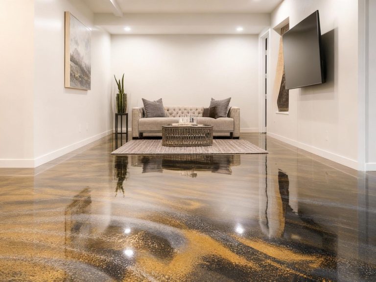 Relax in a stylish living room with glossy refinished cement flooring in Houston, featuring a cozy sofa and modern decor accents.