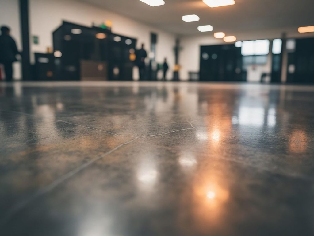 Gleaming polished concrete floor in a modern office setting by Polished Concrete Company Houston, showcasing durable and stylish flooring solutions.