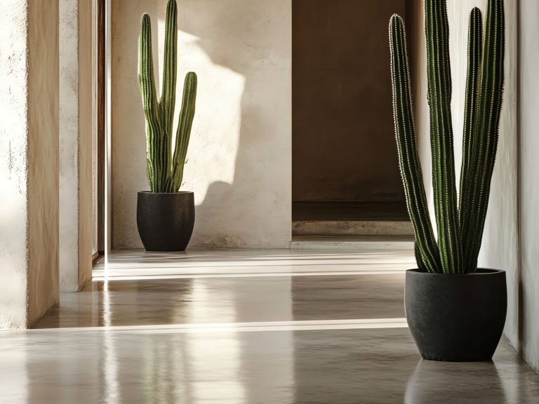 Enjoy stylish indoor decor with tall cacti in black pots, enhancing modern homes with finished cement flooring in Houston for a sleek look.