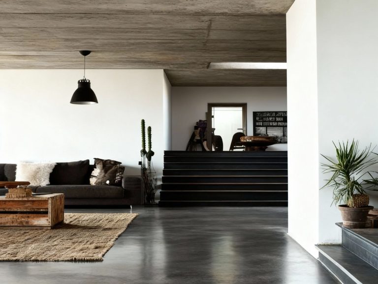 Enjoy a modern living space with cement polishing services in Houston, featuring a cozy sofa and stylish decor under a concrete ceiling.