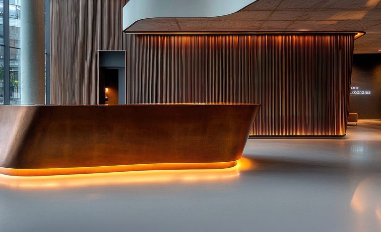 Polished concrete floor in a modern Houston lobby. High-end finish by a top cement polishing company houston.