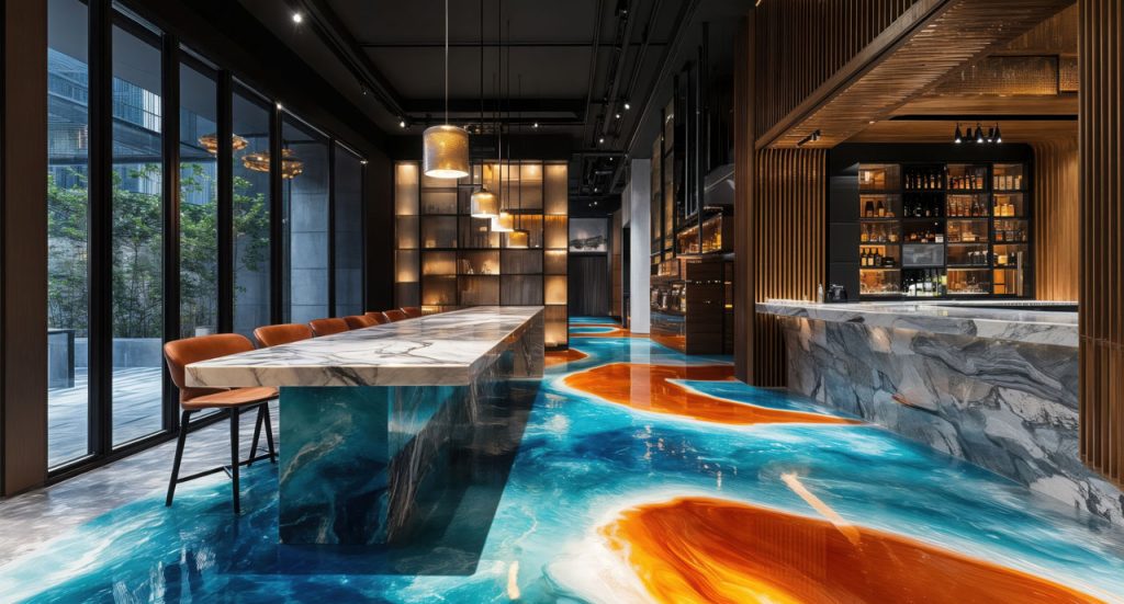 Luxurious bar featuring blue and orange shiny cement flooring Houston, highlighting custom commercial epoxy designs.