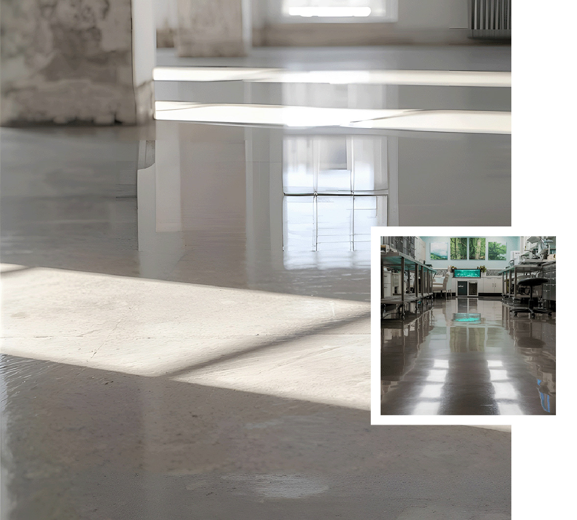 Polished concrete floors in a bright residential living area, highlighting a clean, elegant surface with long-lasting performance.