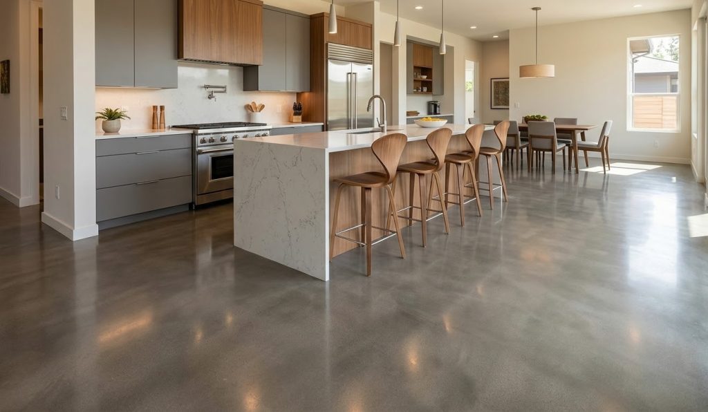 Modern kitchen with a seamless, refinished concrete flooring Houston; a wide view showing the durable and stylish surface.