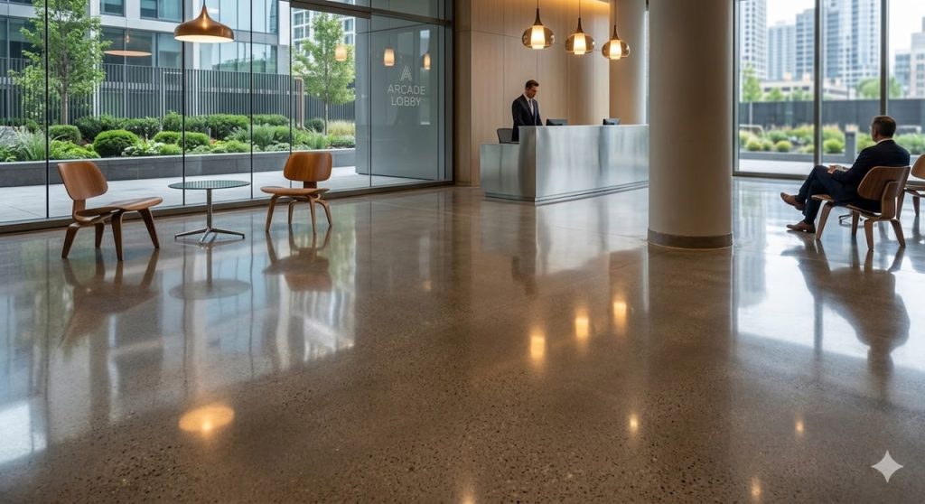 A modern office building lobby with high-gloss, reflective concrete floors expertly completed by a cement polishing company Houston.