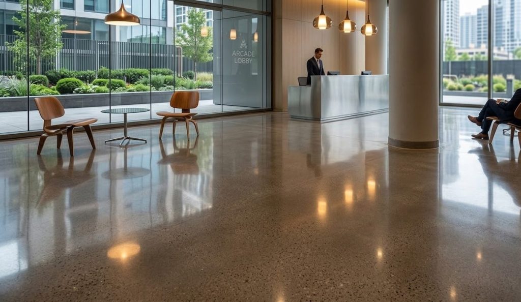 A modern office building lobby with high-gloss, reflective concrete floors expertly completed by a cement polishing company Houston.