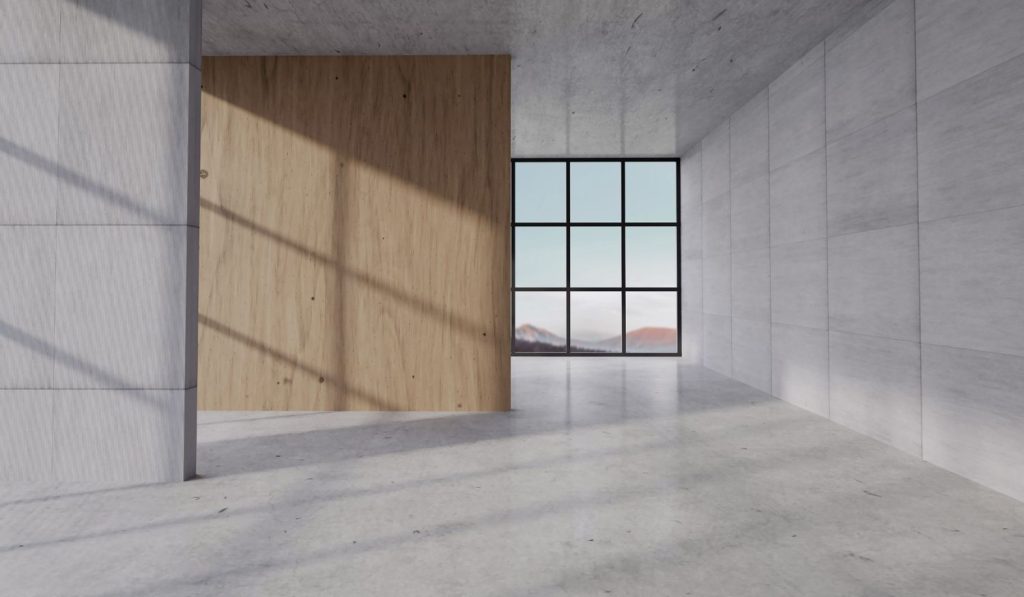 Modern residential interior showcasing polished cement floors Houston paired with warm wood accents and mountains.