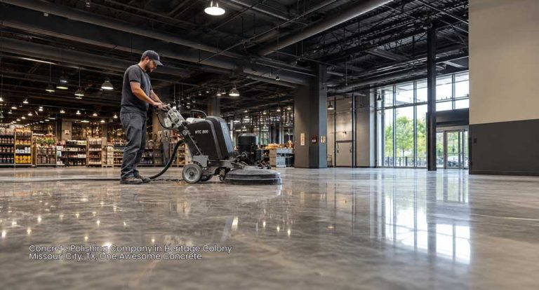 Commercial concrete polishing company houston worker operating industrial floor grinder in modern store interior.