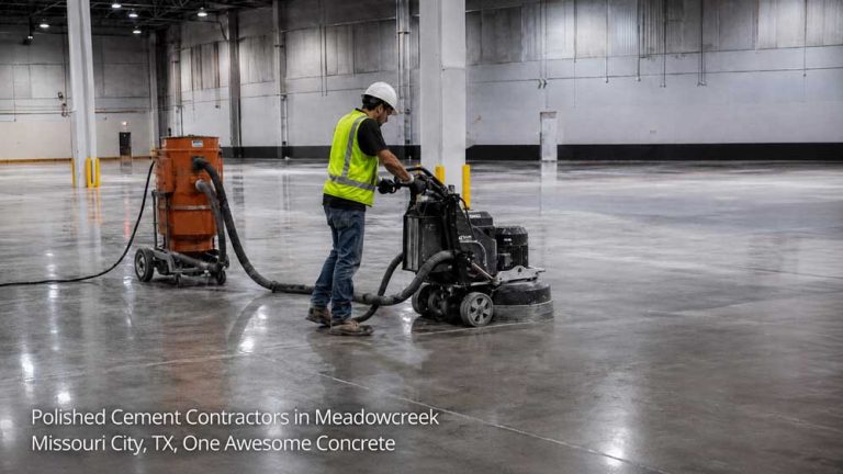 Polished cement contractors Houston floor grinding service inside a commercial warehouse space.