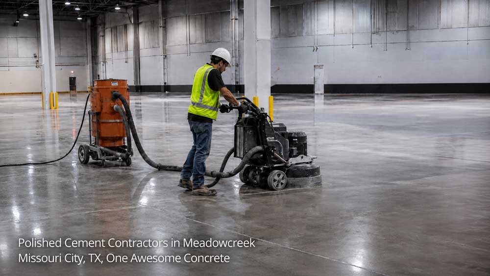 Polished cement contractors Houston floor grinding service inside a commercial warehouse space.