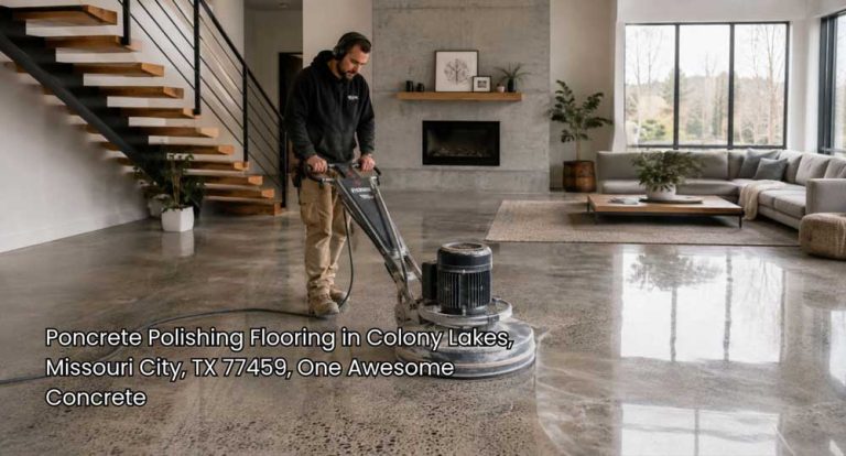 Professional contractor finishing indoor surfaces using commercial concrete polishing flooring houston tools.