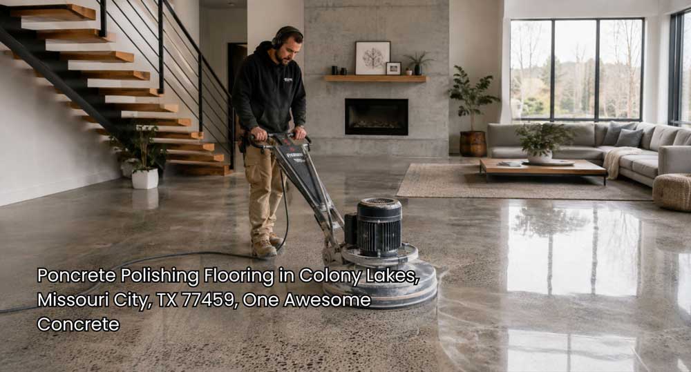 Professional contractor finishing indoor surfaces using commercial concrete polishing flooring houston tools.