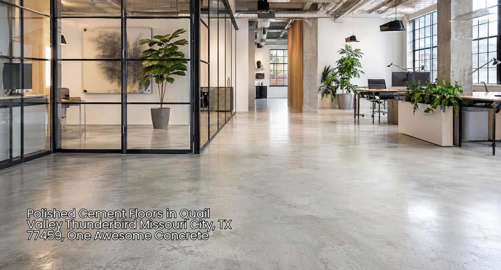 Spacious contemporary commercial office with seamless high-gloss polished cement floors in Houston workspace.