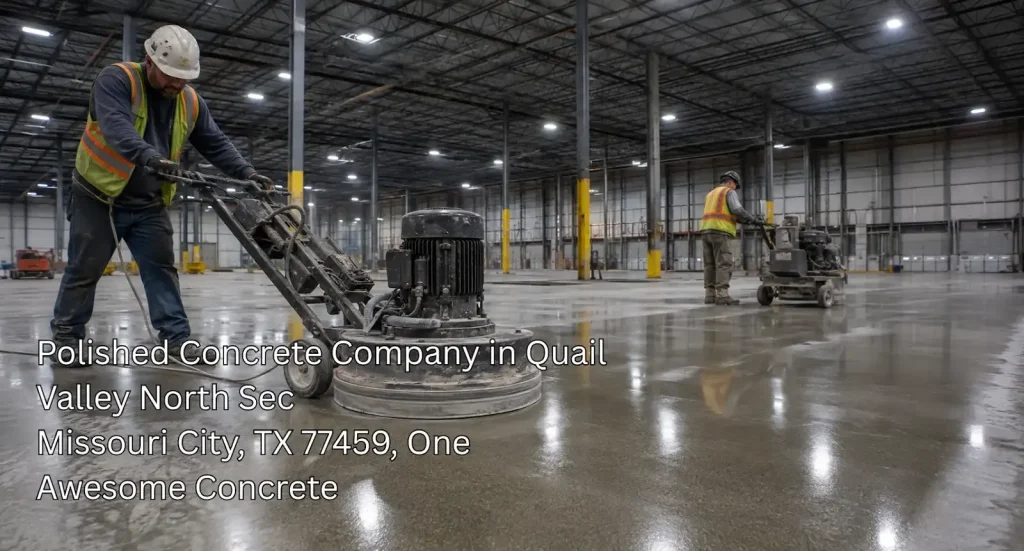 Industrial worker operating heavy floor grinding machinery for a polished concrete company Houston in a large warehouse.