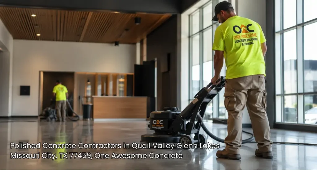 Professional team operating floor grinding equipment hired by top polished concrete contractors houston services.