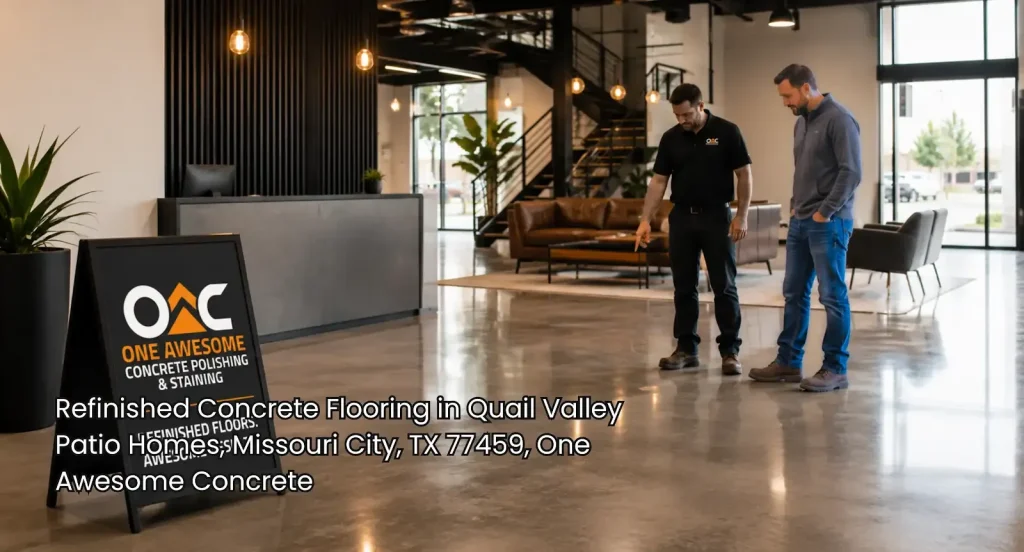 Contractor inspecting refinished concrete flooring Houston in a modern office lobby with a sleek, durable polished surface.