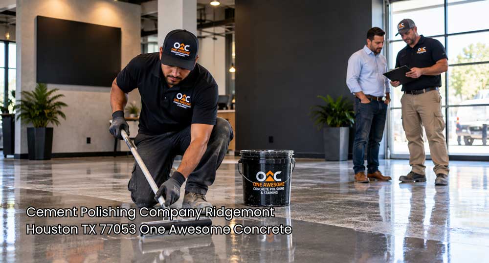 Technician applies floor sealer while a cement polishing company Houston team reviews a polished commercial concrete finish.