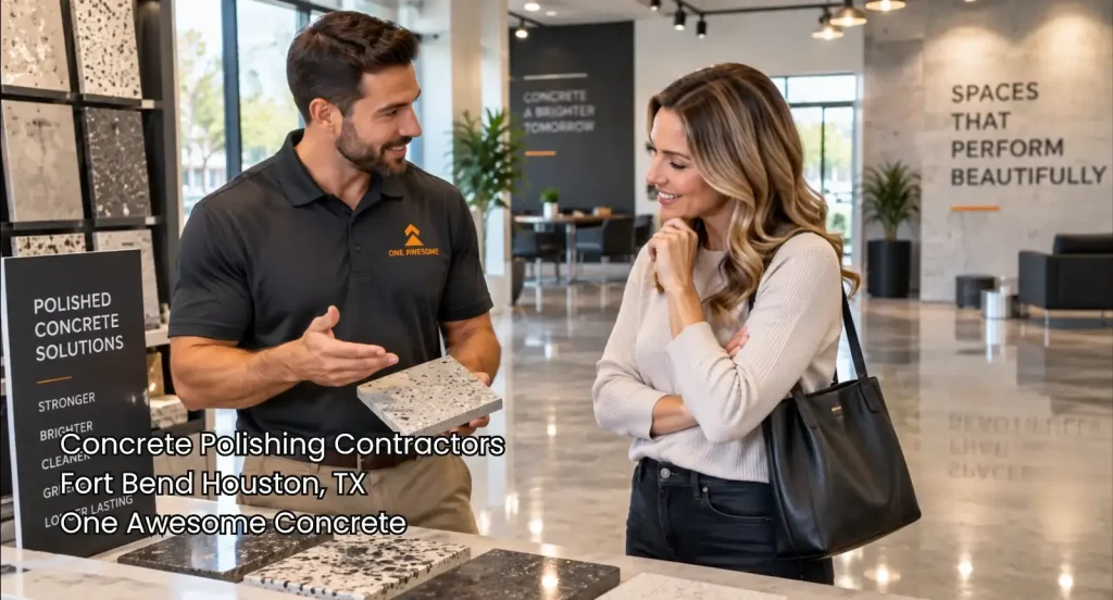Concrete polishing contractors Houston specialist shows a customer polished concrete samples inside a modern showroom.