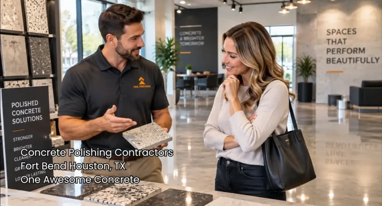 Concrete polishing contractors Houston specialist shows a customer polished concrete samples inside a modern showroom.