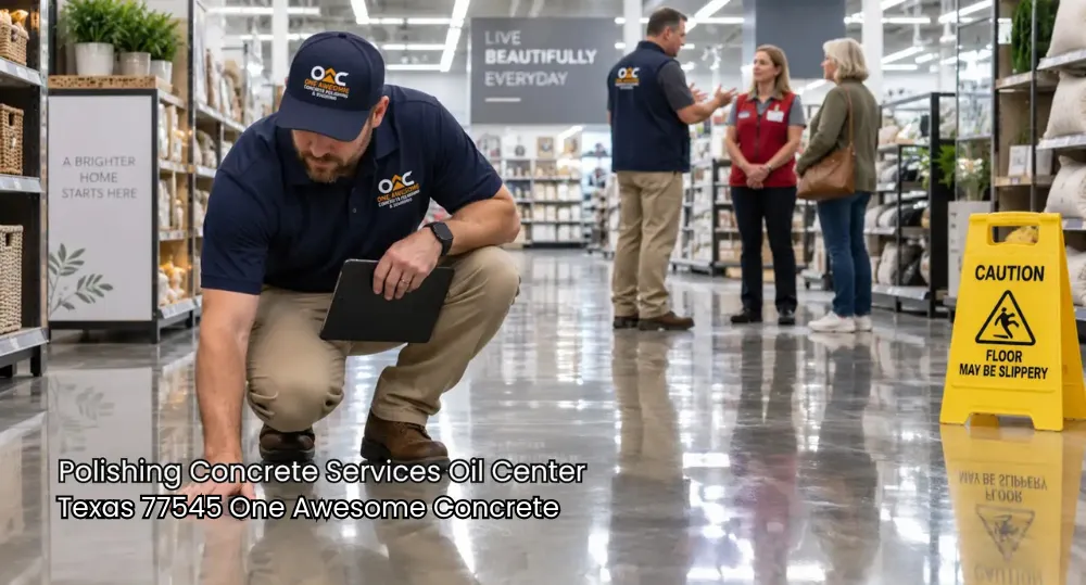 Inspector checks an over-polished retail floor for slip risks with polishing concrete services Houston for safer stores.