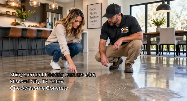 Homeowner points to cracks and scratches in shiny cement flooring Houston during a professional floor inspection.