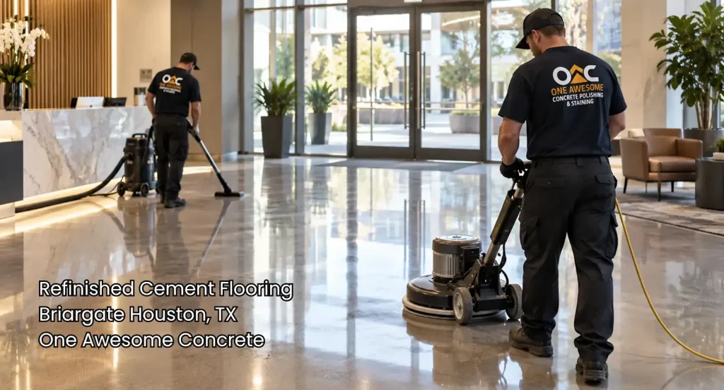 Workers finish a reflective lobby floor with professional refinished cement flooring Houston techniques and polishing tools.