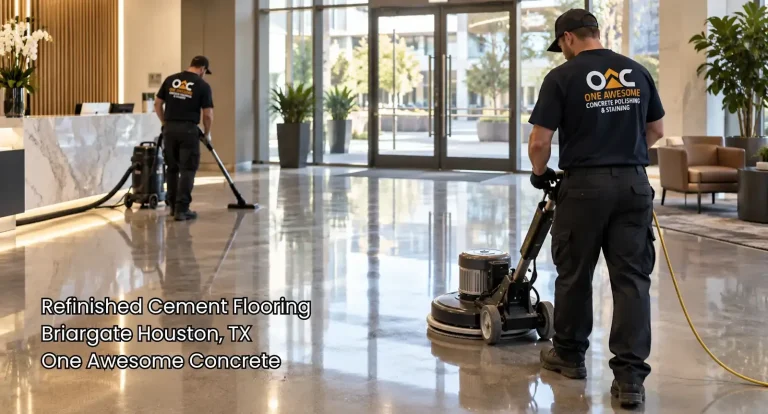 Workers finish a reflective lobby floor with professional refinished cement flooring Houston techniques and polishing tools.